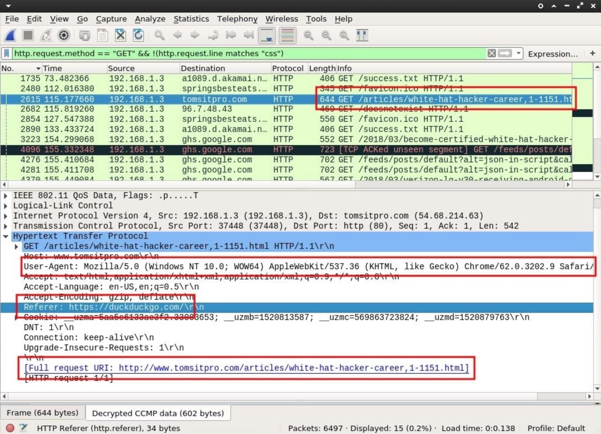 Отображение в Wireshark подробной информацией об активности пользователя через данные Hypertext Transfer Protocol