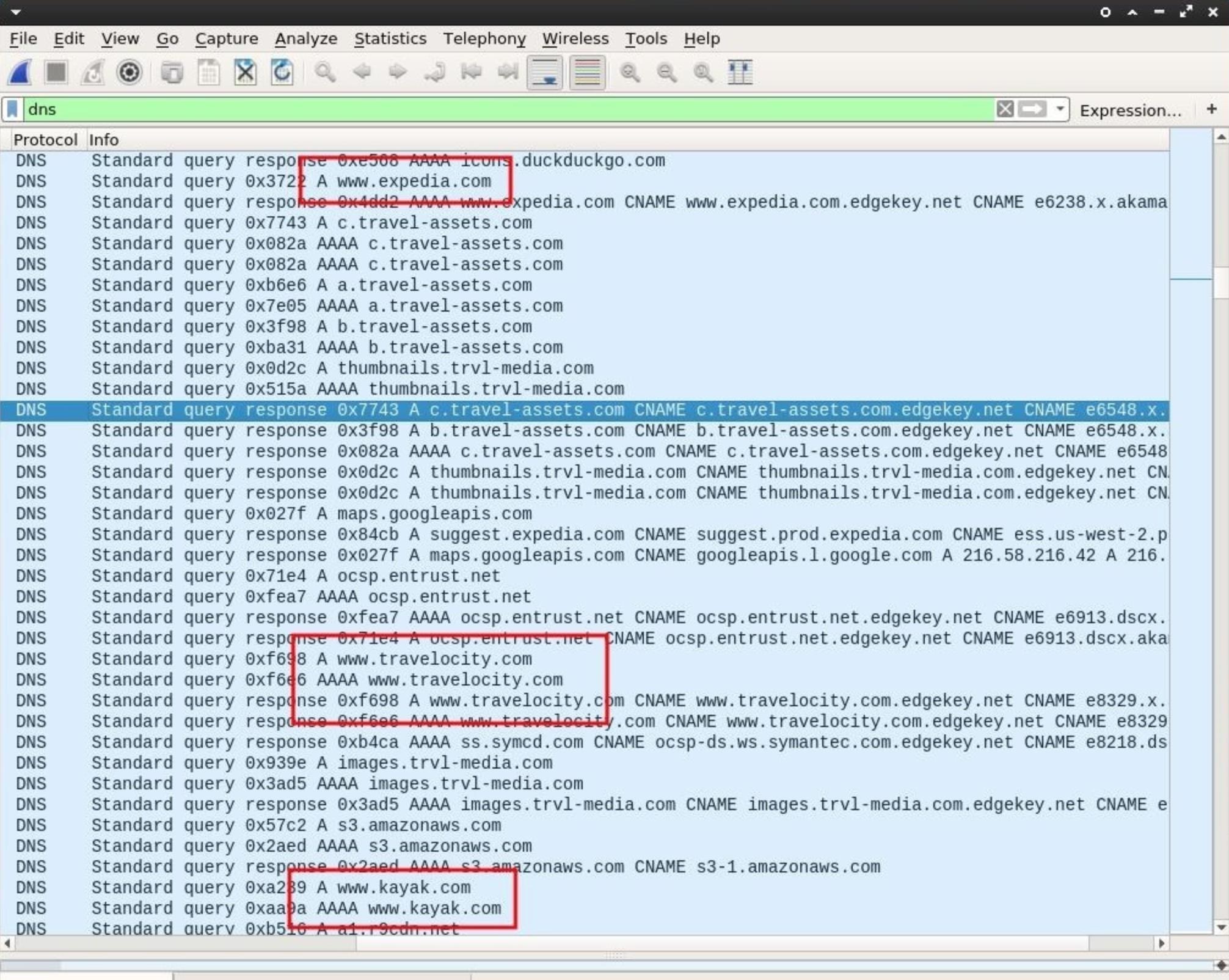 пример использования фильтра отображения для идентификации данных DNS-запросов в Wireshark