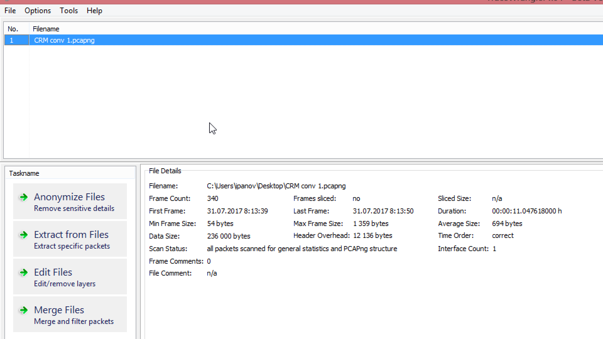 Поддерживаются форматы файлов – PCAP и PCAPng, который сейчас используется в сниффере Wireshark.