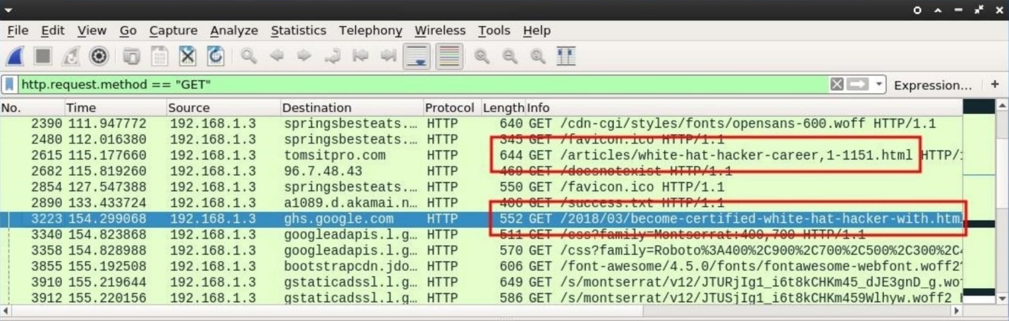 Скриншот примера использования фильтра отображения для идентификации данных GET-запросов в Wireshark